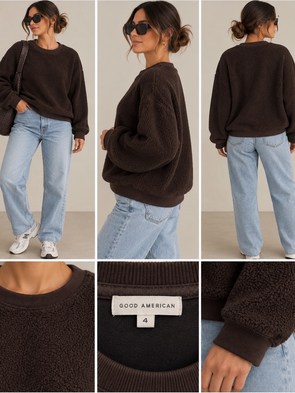 Good American Chocolate Brown Sherpa Teddy Fleece Sweatshirt Size 4